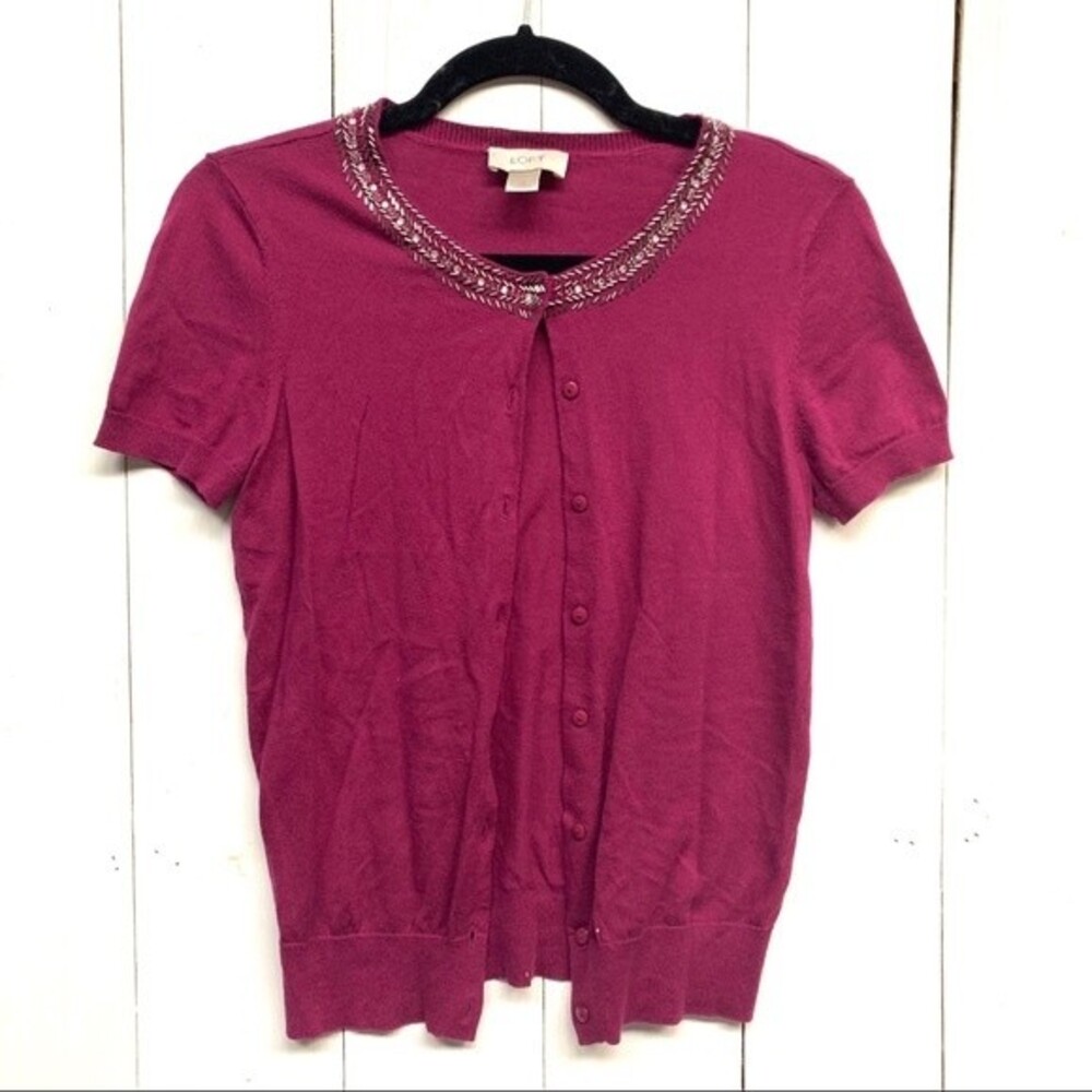 LOFT cardigan womens short sleeve magenta jeweled button down sweater xsmall